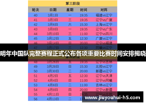 明年中国队完整赛程正式公布各项重要比赛时间安排揭晓